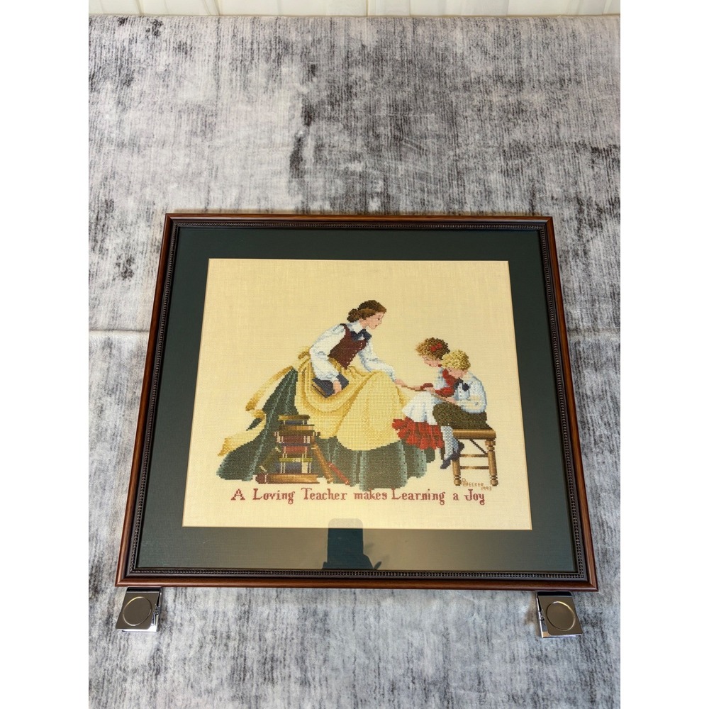 Vintage 1993 Becker Signed Teacher Cross Stitch Needlepoint Framed Wall Art